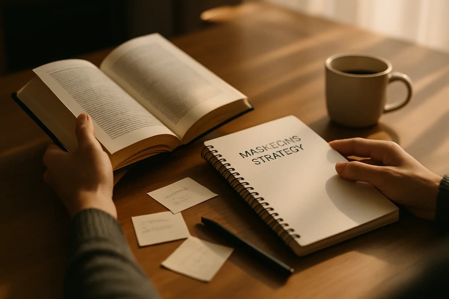 Mani studiano libri di diritto e marketing su scrivania in legno con caffè