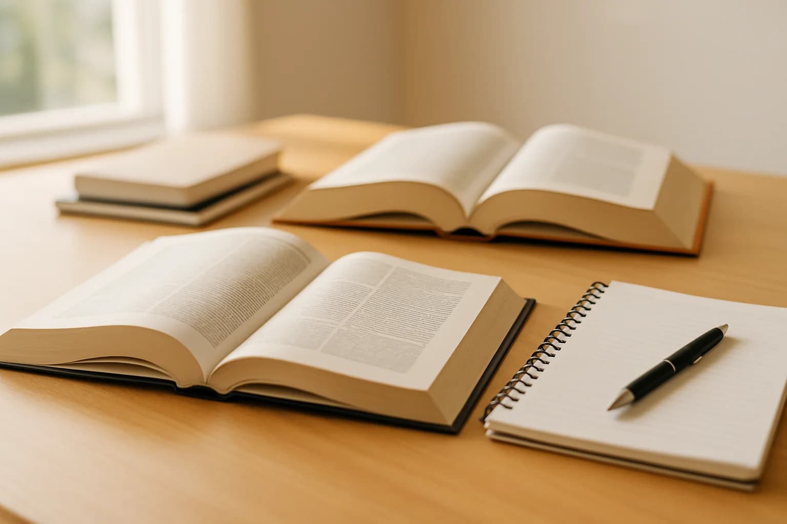 Libri di diritto e marketing su scrivania luminosa con quaderni e penna